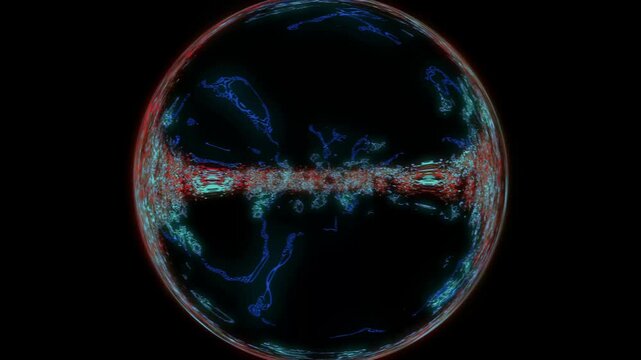 Vibrant digital globe with swirling blue and red patterns on black