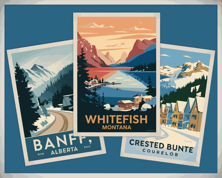 Vintage travel poster illustration, scenic mountain destinations featuring Banff Whitefish and Crested Butte in classic retro tourism artwork style.