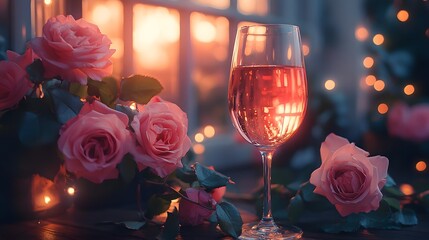Roses and a glass of wine sit on a table near a window with soft lights in the background during evening hours