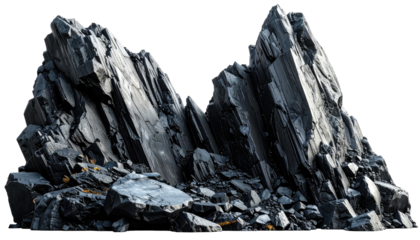 Jagged rock formation, isolated with a transparent background; shades of gray and black