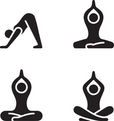 Fototapeta premium A set of four black silhouette yoga poses including downward facing dog and three meditative seated positions on a white background