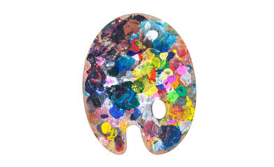 A traditional artist's palette with bright strokes of oil and acrylic paint, without a background. A clean, flat object for art, education, creativity, and design.