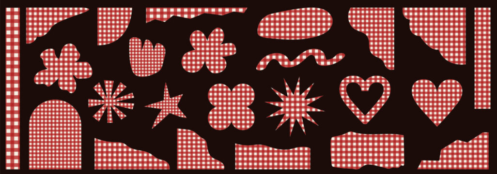 Whimsical red gingham checkered shapes set with hearts, flowers, stars and abstract cutout forms. Playful retro inspired pattern elements for collage, scrapbooking, packaging, creative design. Vector.