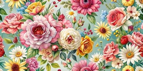 Colorful floral pattern with a blue background