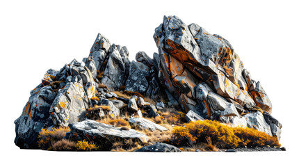 Large, jagged rock formation with orange and yellow accents against a solid black background