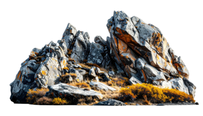 Large, jagged rock formation with orange and yellow accents against a solid black background