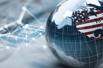 Globe shows USA flag overlay beside network lines, suggesting global connectivity.