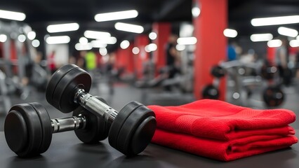 Fototapeta premium Dumbbells and Red Towel in Modern Gym Interior
