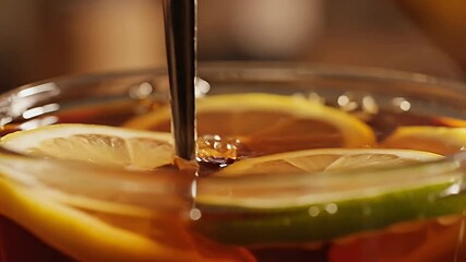 Close-up of a refreshing beverage with lemon and lime slices being stirred with a metal straw.