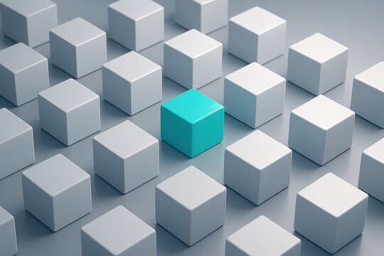 Distinguished Cubes: A solitary cyan cube stands out amongst an array of identical gray cubes, representing individuality, diversity, and uniqueness. 