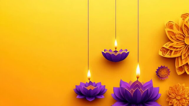 A wall decoration featuring paper lanterns in the shape of lotus flowers, suspended from strings against a vibrant background. The artwork is colorful and adds an oriental touch to the room.