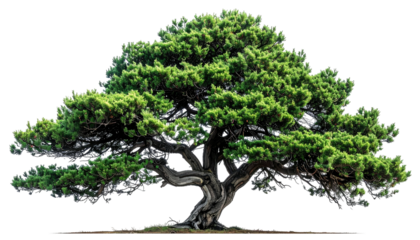 Large, mature tree with lush green foliage and a twisted trunk against a transparent background