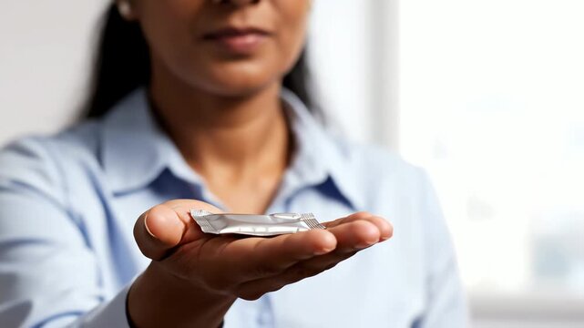 Close Up of Hand Presenting Condom.