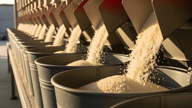 Industrial rice processing with multiple chutes filling metal buckets