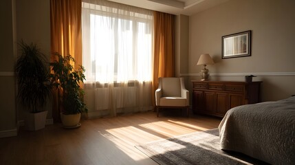 Fototapeta premium A sunlit interior room with furniture plants and warm light casting shadows on the floor