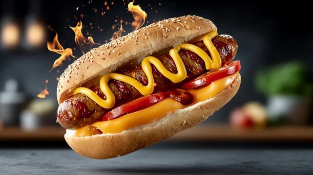Delicious hot dog with grilled sausage, melted cheese, fresh tomatoes, and mustard, floating above a dark kitchen countertop with flames and smoke creating an appetizing visual effect