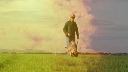 Walking dog on grassy field under colorful sky, person enjoying animation scene - Powered by Adobe