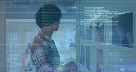 Analyzing digital code overlay, person using transparent screen in school setting - Powered by Adobe