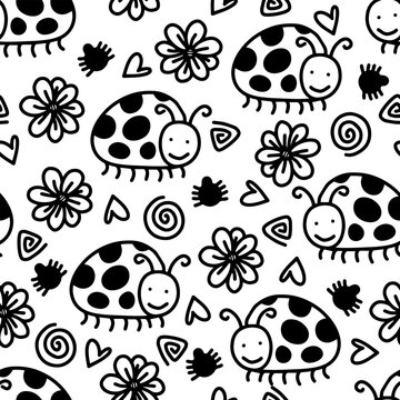 Seamless pattern with cute cartoon ladybugs, flowers and hearts on white background. Perfect for kids, wallpaper, fabric, wrapping paper, and nursery decor. Scandinavian style.