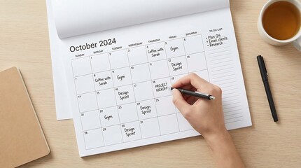 Hand holding pen writing on October 2024 calendar with to do list and coffee cup on wooden desk