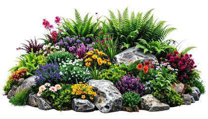 Lush, colorful floral arrangement with various blooms, ferns, rocks, and a vibrant display