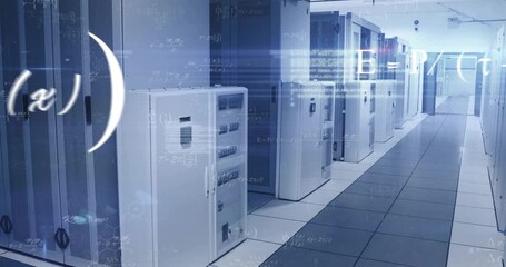 math formula fading in at frame, starting equations floating across server racks showing data flow - Powered by Adobe