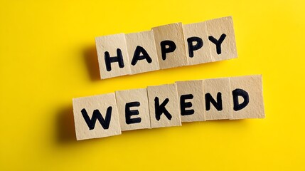 Happy weekend message on wooden blocks against yellow background
