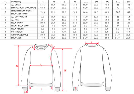 Sweet shirt size chart, flat sketch, mock up, editable mock up