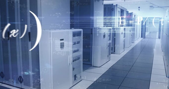 math formula fading in at frame, starting equations floating across server racks showing data flow