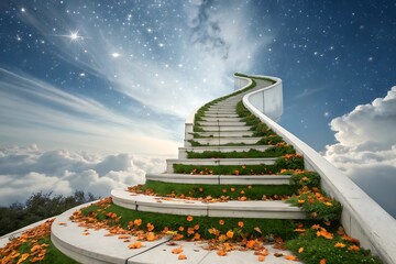 White staircase with orange flowers on it
