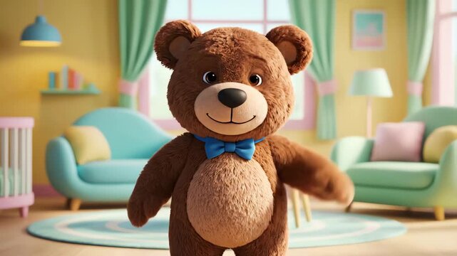Cute animated teddy bear dances in cozy living room.