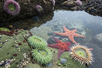Group of sea creatures including a starfish and sea anemones