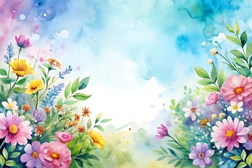 Painting of a field of flowers with a blue sky in the background