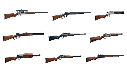 Collection of diverse rifles with wooden stocks on white background