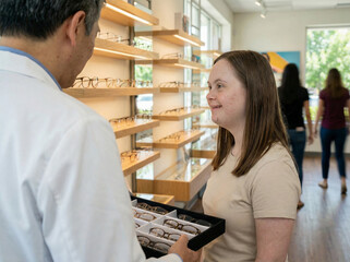 Inclusive medical service: Woman with Down syndrome and East Asian male optometrist choosing glasses in optic shop. Authentic healthcare diversity.