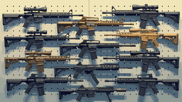 Collection of rifles displayed on pegboard wall