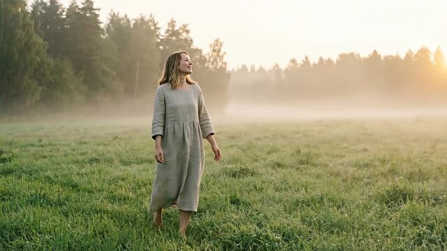Smiling woman in linen dress walking barefoot across dewy grass field in soft morning mist near forest. 4K video
