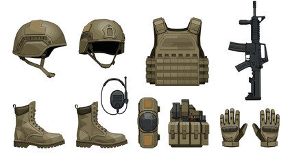 Fototapeta premium Military gear set with tactical equipment and accessories in detailed illustration