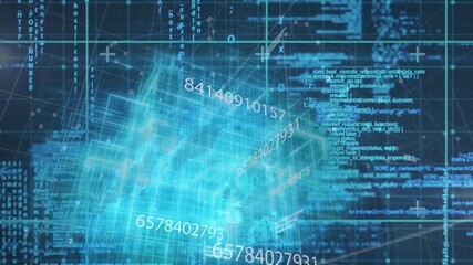 Turquoise cube emerging on grid with code scrolling rotating numbers spiraling for visualizing data - Powered by Adobe