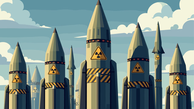 Cartoon nuclear missiles against cloudy sky background