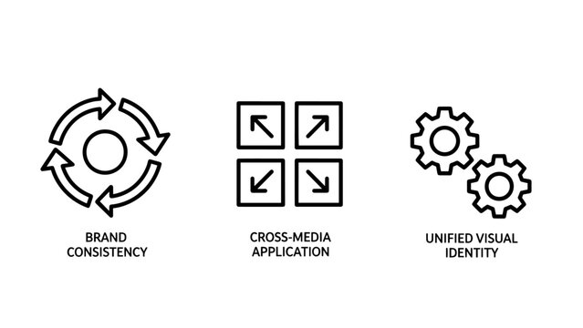 Corporate branding strategy icons illustrating brand consistency cross media application and unified visual identity