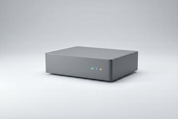 Modern generic grey wireless router or hard drive device with LED status lights isolated on white background