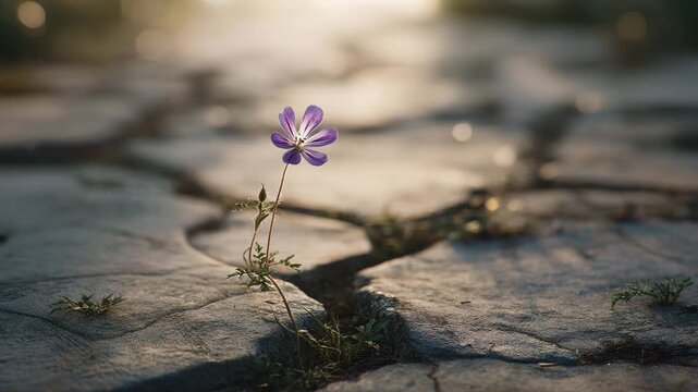 A small purple flower growing through cracked dry earth in a desolate landscape
