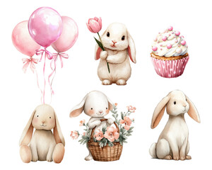 Obraz premium Watercolor rabbit illustration set with cute bunny characters, colorful balls, and toys. Perfect for Easter cards, baby nursery decor, and spring designs with adorable animals. Vector illustration.