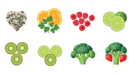 Colorful set of geometric fruits and vegetables featuring low poly design