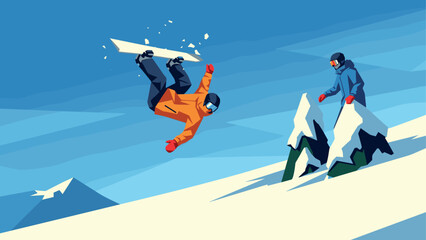 Winter adventure: snowboard trick on mountain slope with geometric style