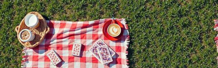 Outdoor picnic with coffee and playing cards on red checkered blanket