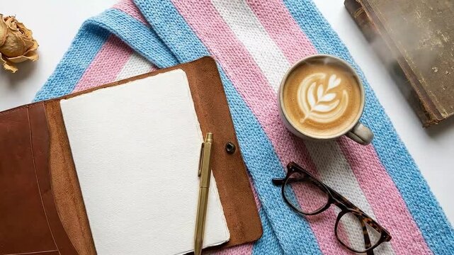Overhead Flat Lay of Journal Coffee and Trans Pride Scarf