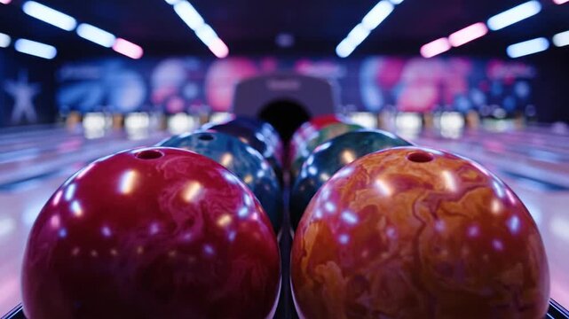 Bowling alley activity in evening with colorful bowling balls on display