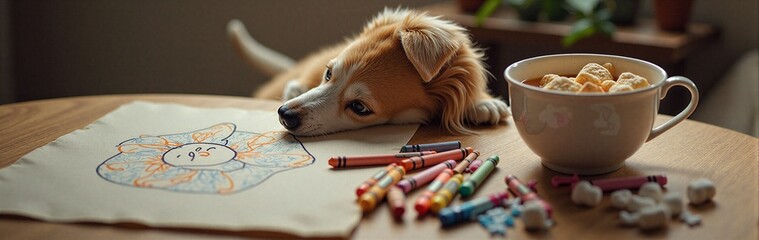 Cute dog relaxing with crayons and drawing on table beside mug